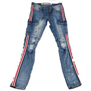 Kindred Cargo Moto Jeans Men W32 L31 Blue Paint Splatter Stripe Distressed Denim